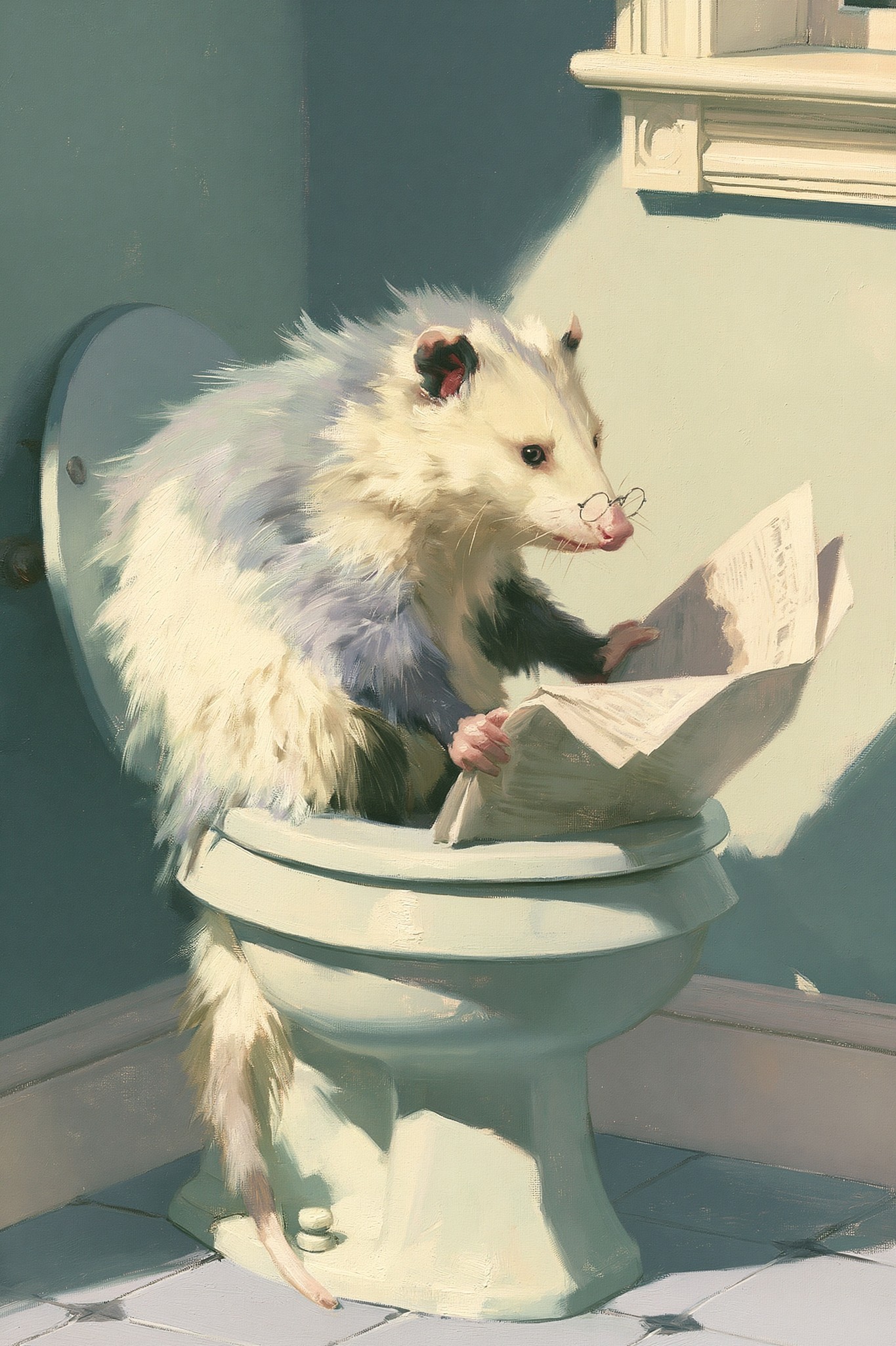 soft vintage oil painting a quirky opossum sitting on...