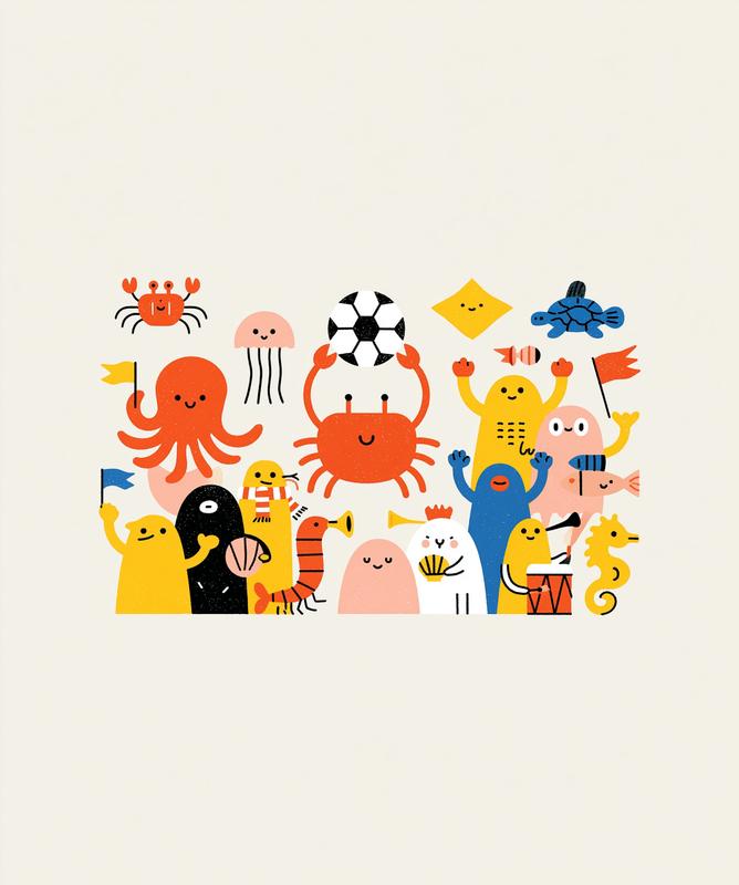 Artistic conceptual illustration of an underwater football tournament celebration...