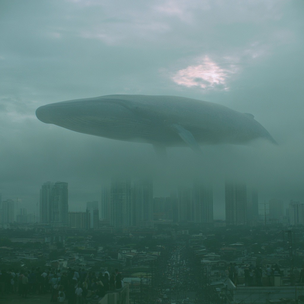 A gigantic blue whale slowly flying above a dense...