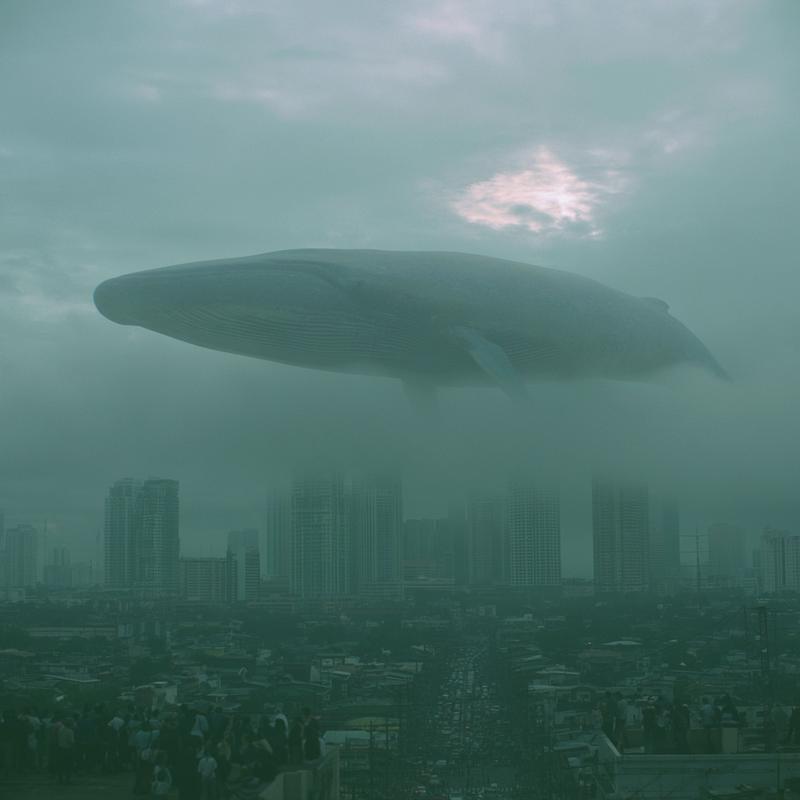A gigantic blue whale slowly flying above a dense...
