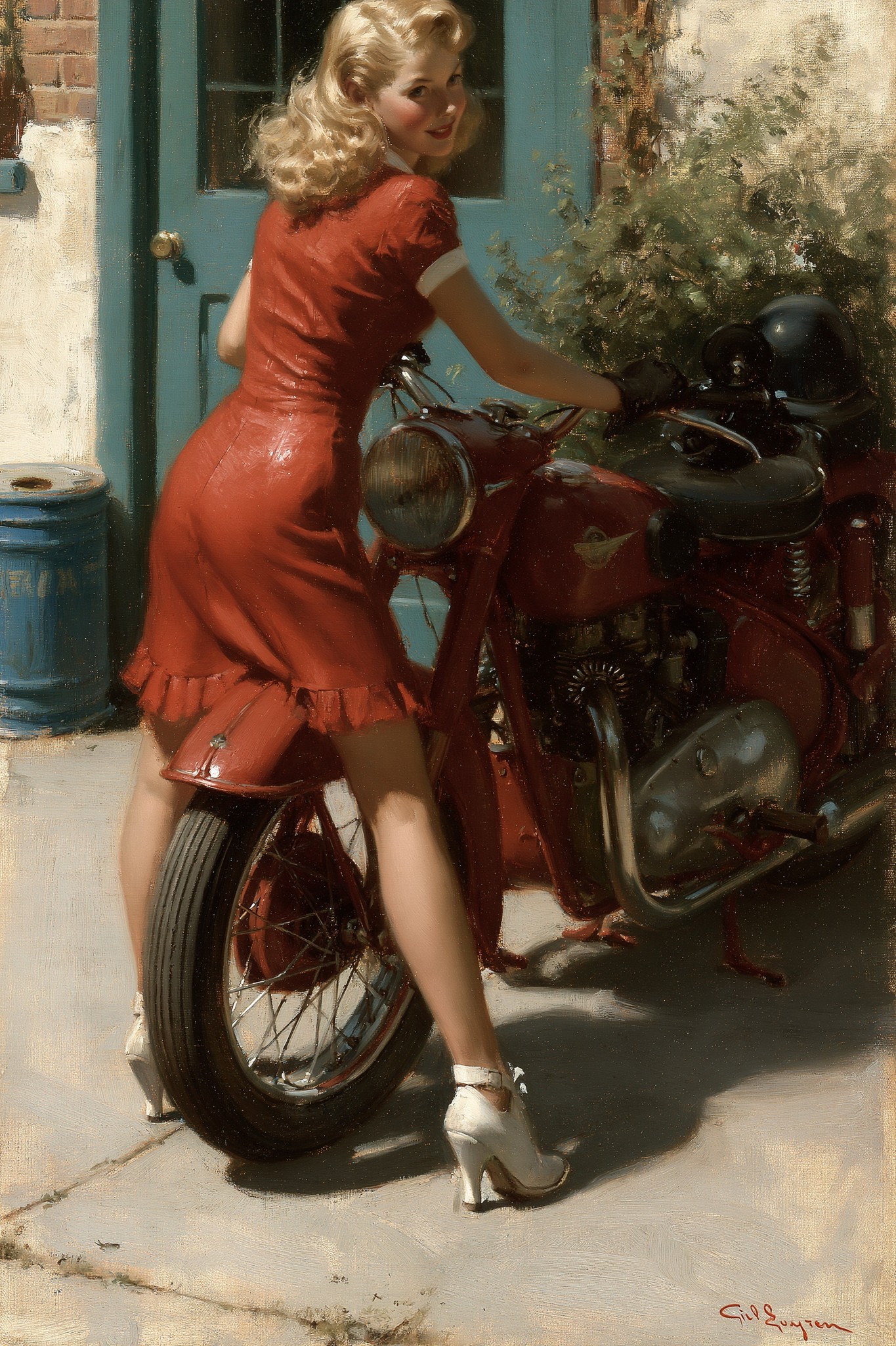 Girl in a dress pushing a motorcycle by Gil...