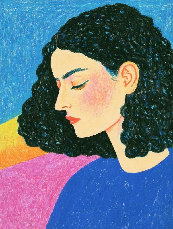 A girl with shoulder-length curly hair Brown hair The...