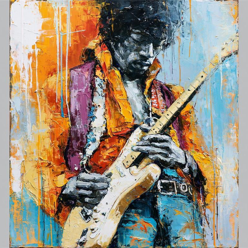 厚重刮刀油画质感迷幻的Jimi Hendrix Voodoo Child 面板艺术作品 绚丽多彩的背景...