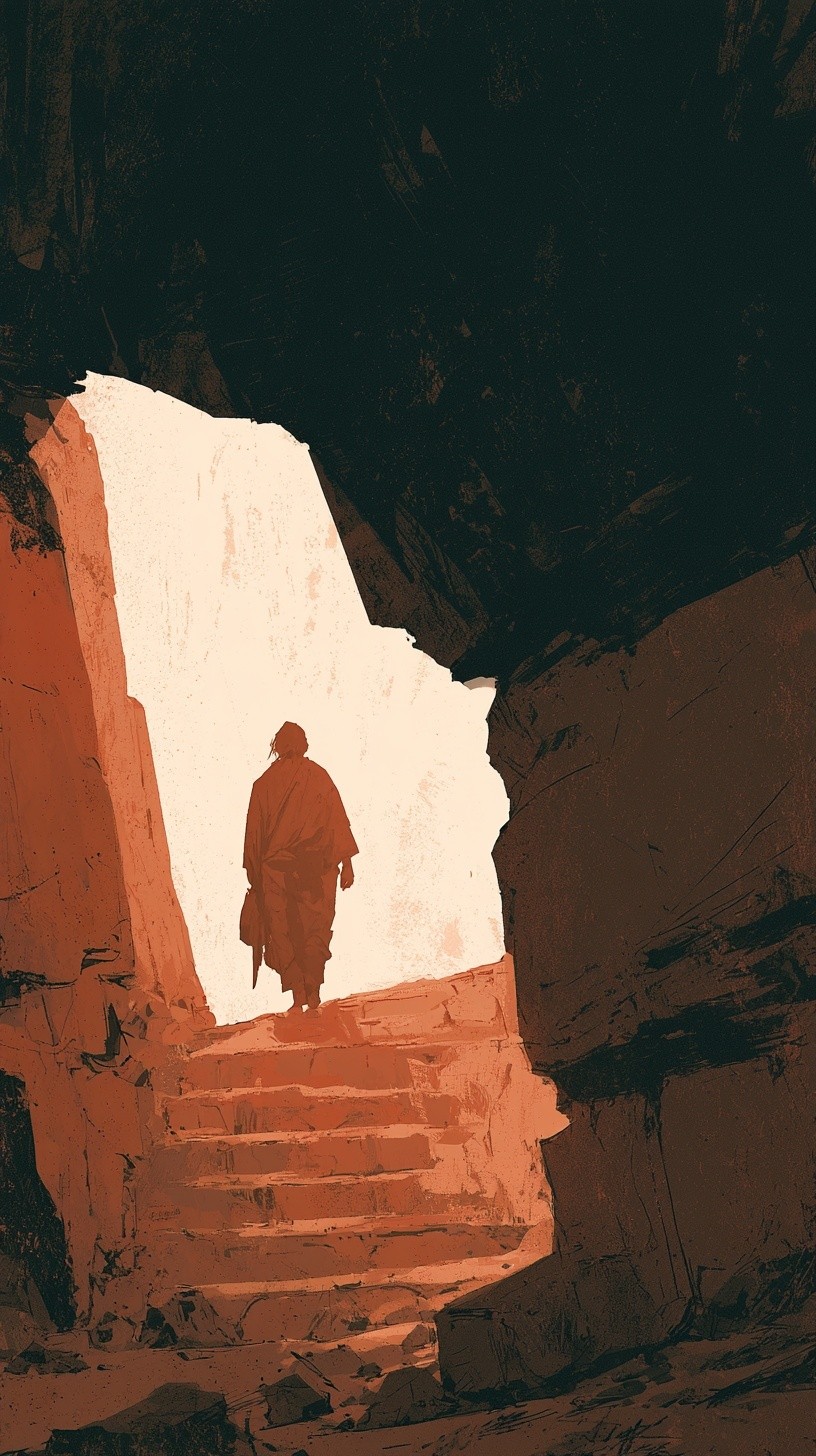 A man walks in a dark cave labyrinth cinematic...
