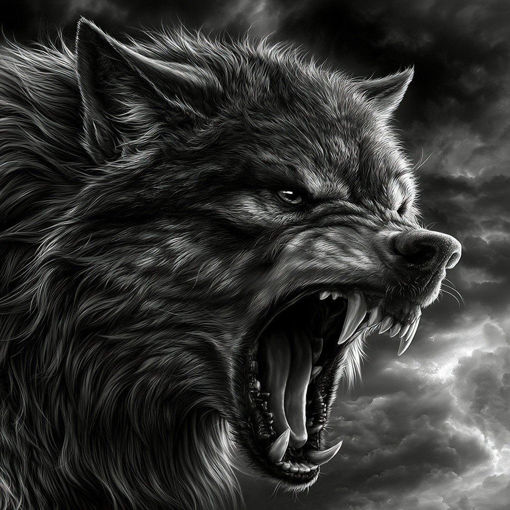 wolf sideways view open mouth angry showing teeth like...