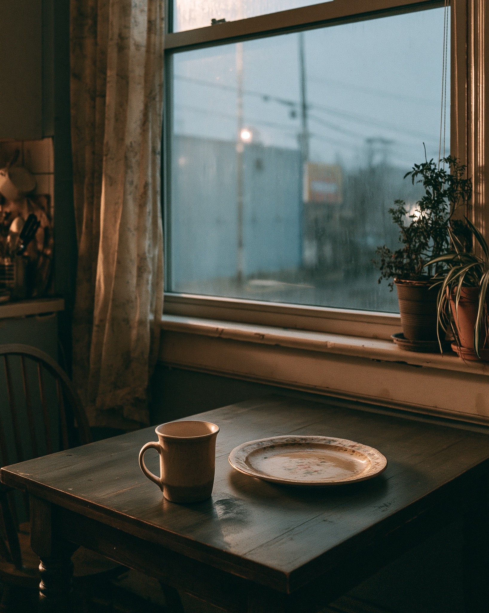 photorealistic still photograph empty night kitchen a lone ceramic...