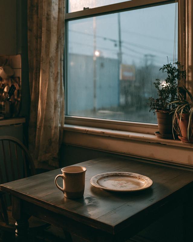 photorealistic still photograph empty night kitchen a lone ceramic...