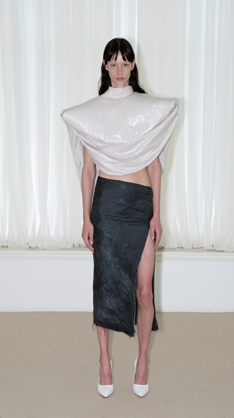 a studio scene with soft white vertical blinds and...