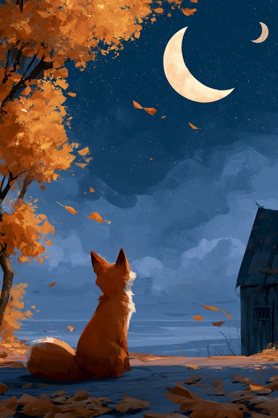 a digital painting depicts a red fox sitting on...