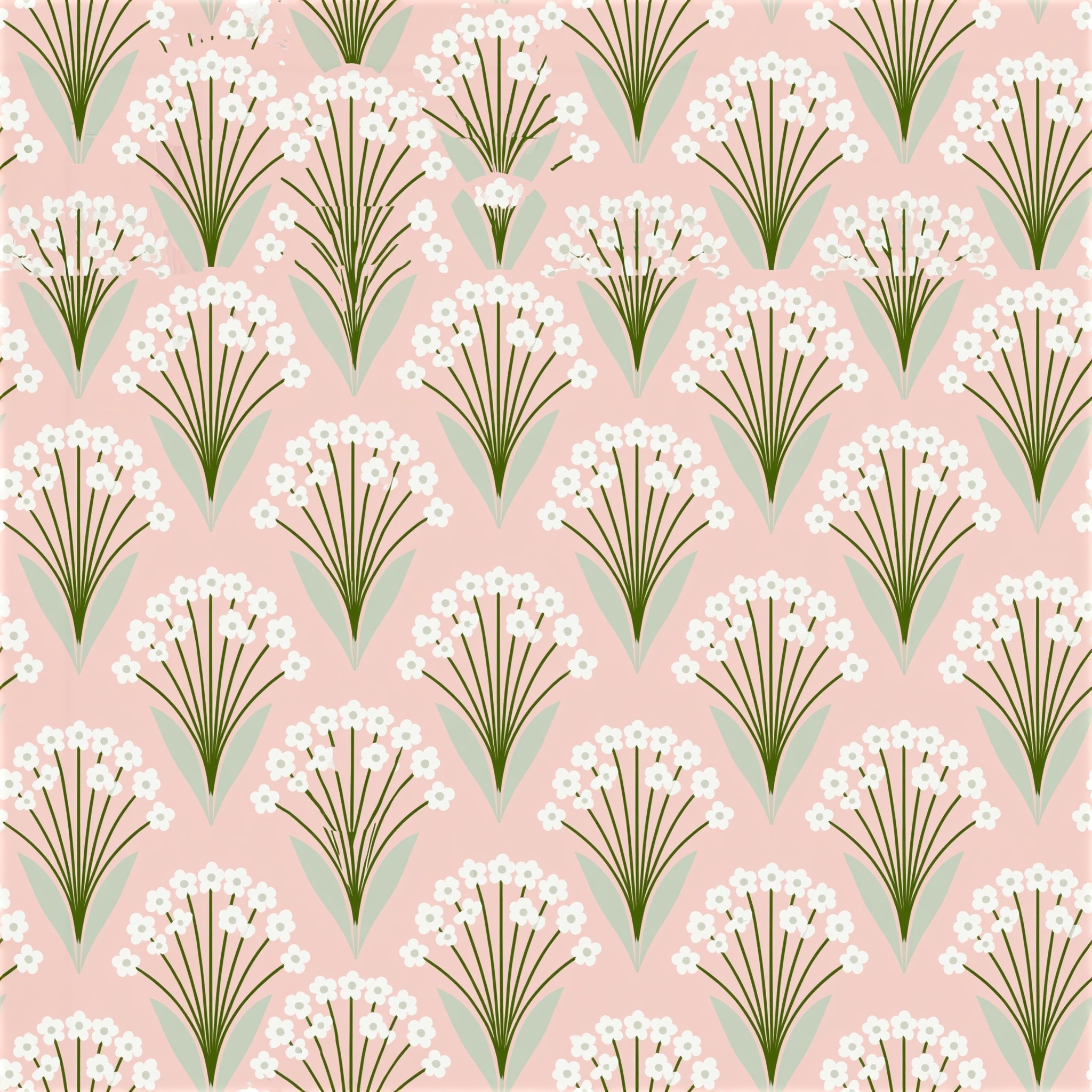 a pattern of small white flowers and light green...