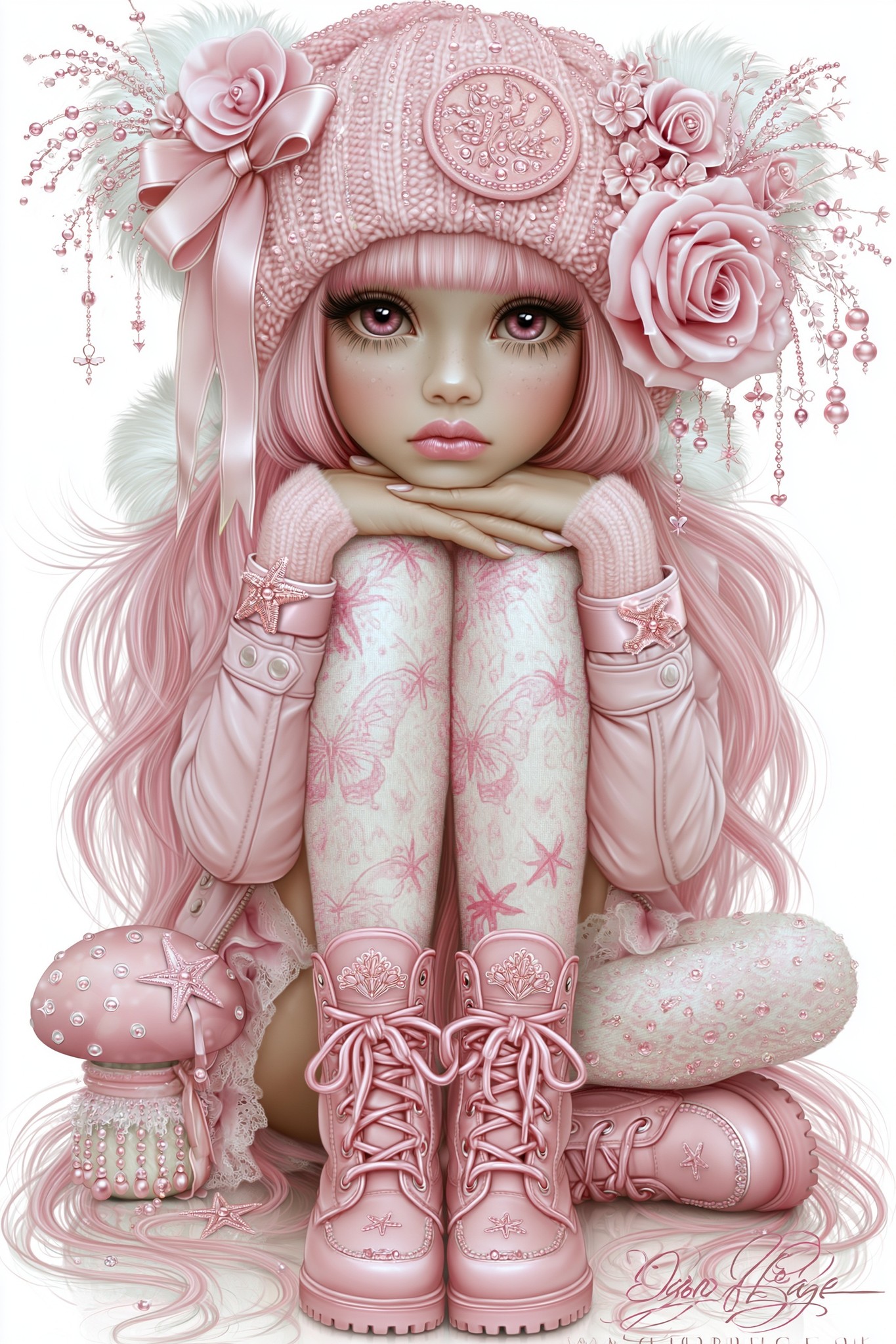 diamond art painting of cartoon girl with pink boots...