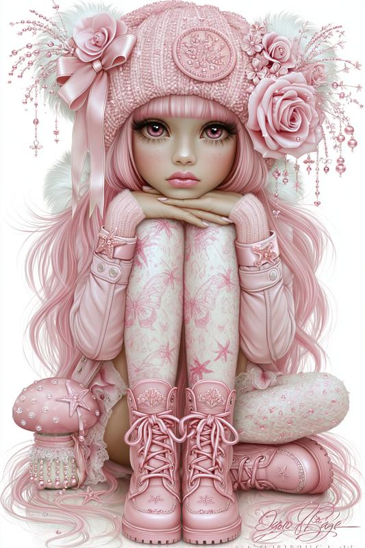 diamond art painting of cartoon girl with pink boots...