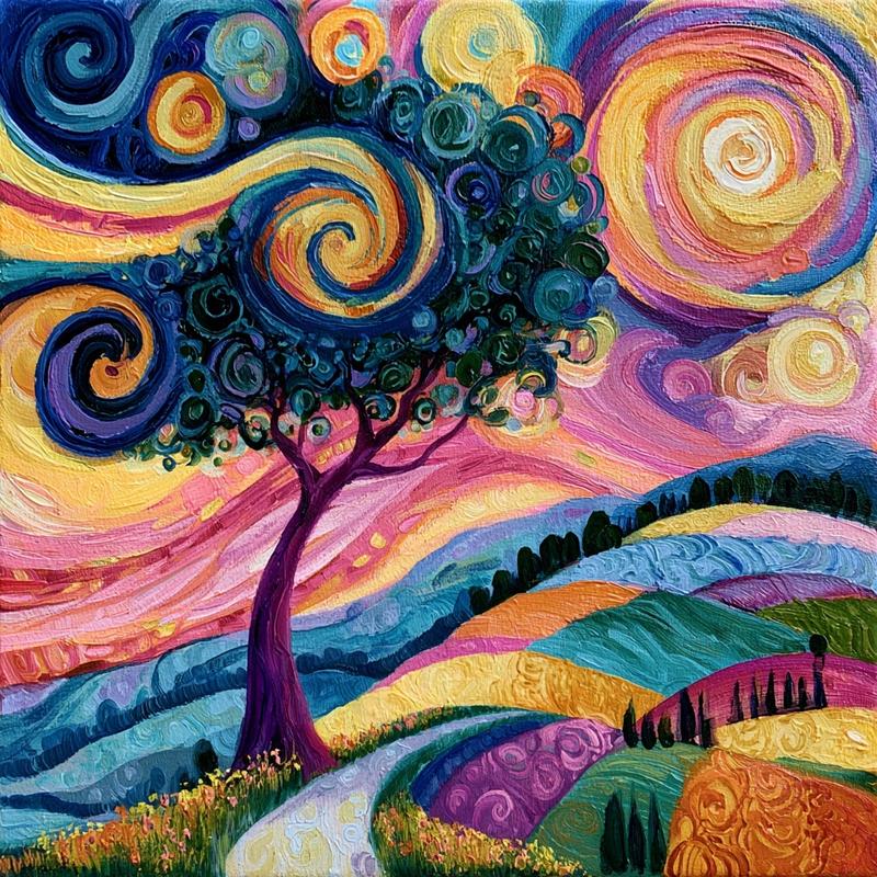 swirling tree impressionist painting colorful landscape gustav klimt inspired...