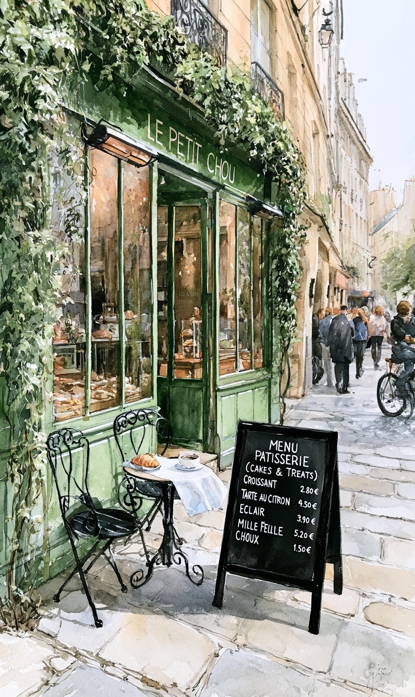 a watercolor painting of a parisian street scene with...