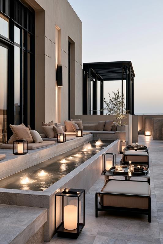 5 Ultra realistic luxury-inspired balcony with a long shallow...
