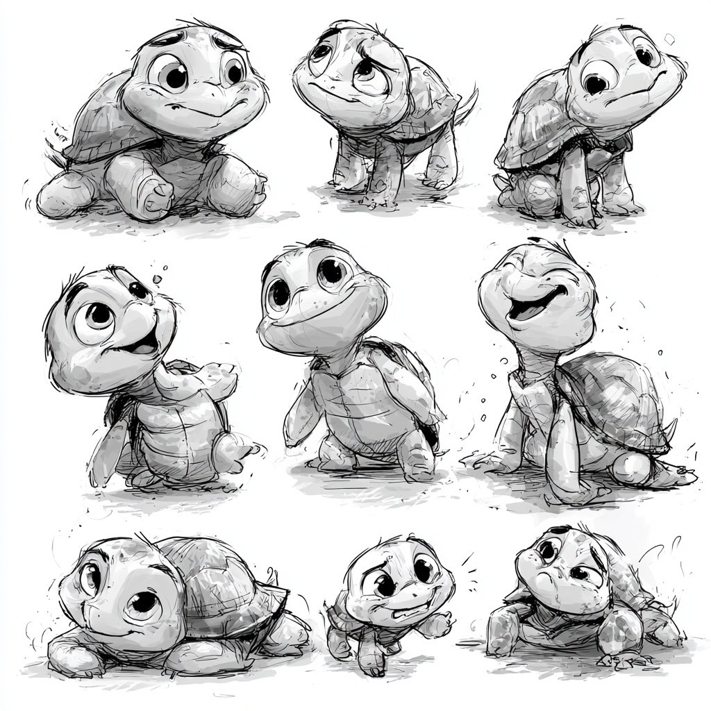 12 character sheet turtles in an animation style sketch...