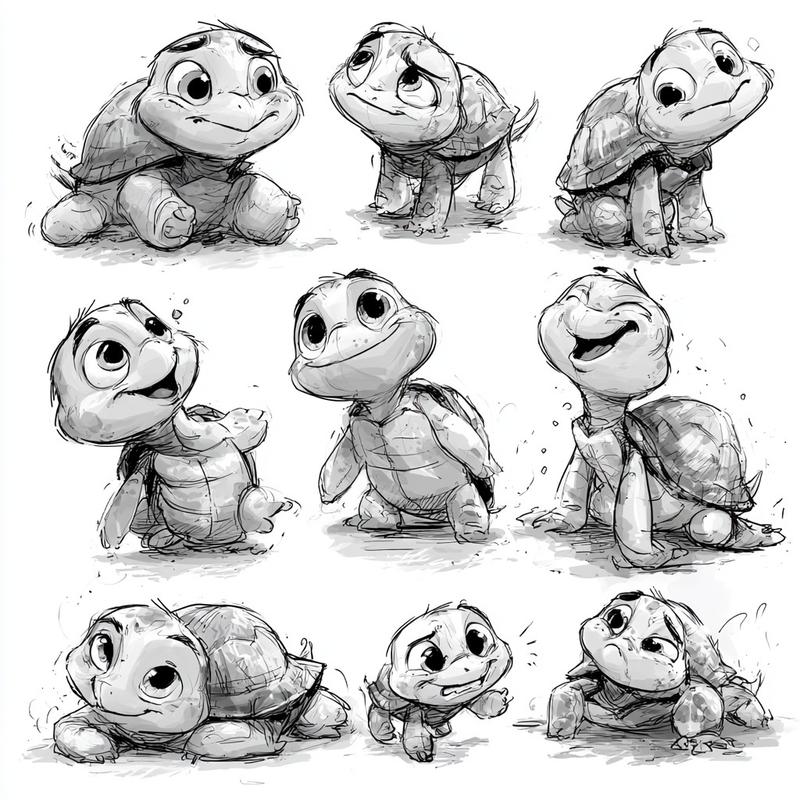 12 character sheet turtles in an animation style sketch...