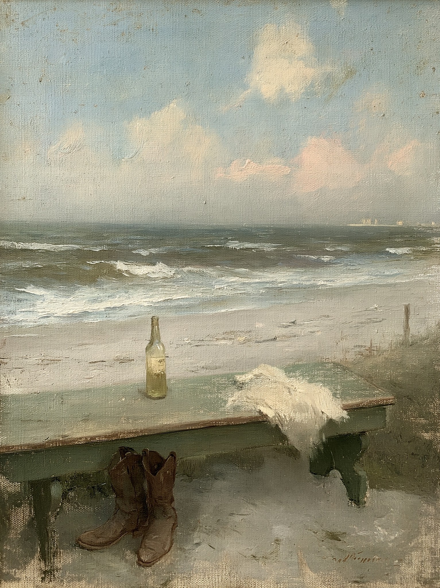 a bench on the beach with a beautiful scenery...
