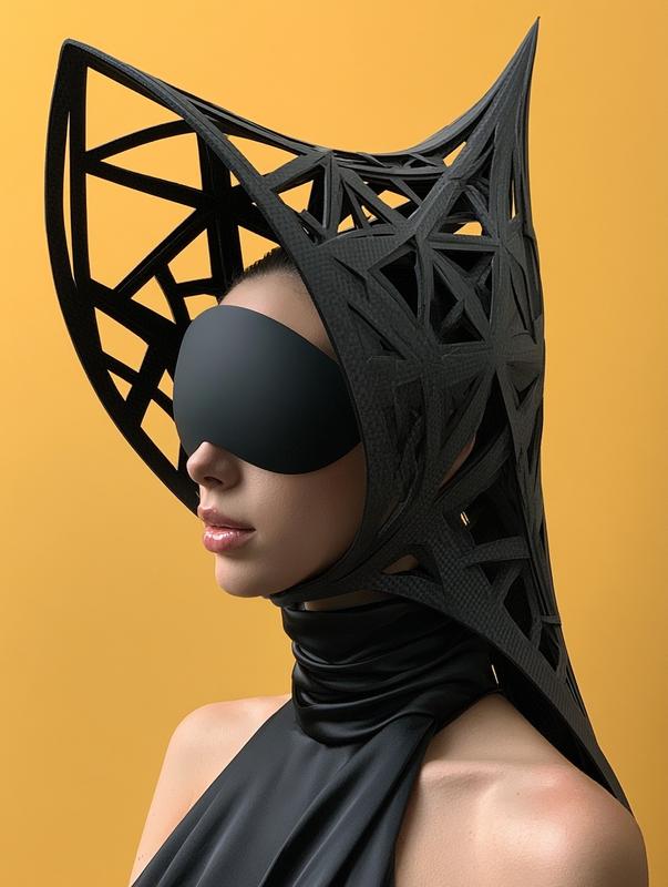 Hyper-realistic avant-garde futuristic headpiece matte monolithic design Headpiece dominates...