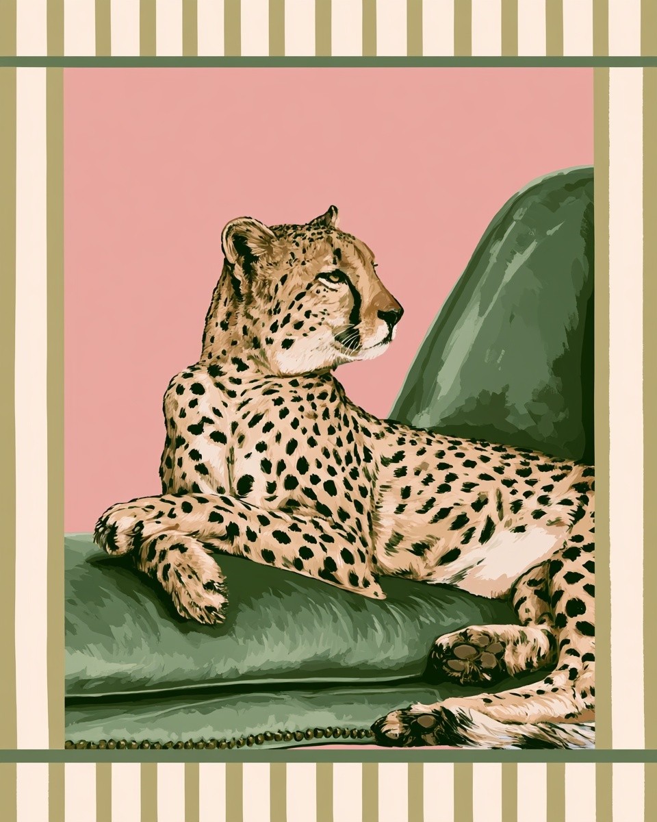 a whimsical illustration features a cheetah reclining on a...