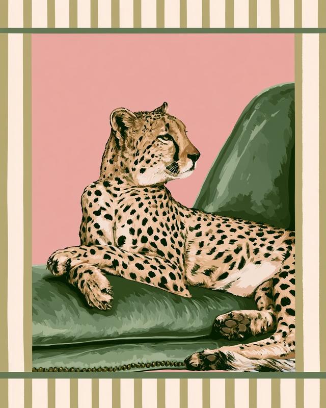 a whimsical illustration features a cheetah reclining on a...
