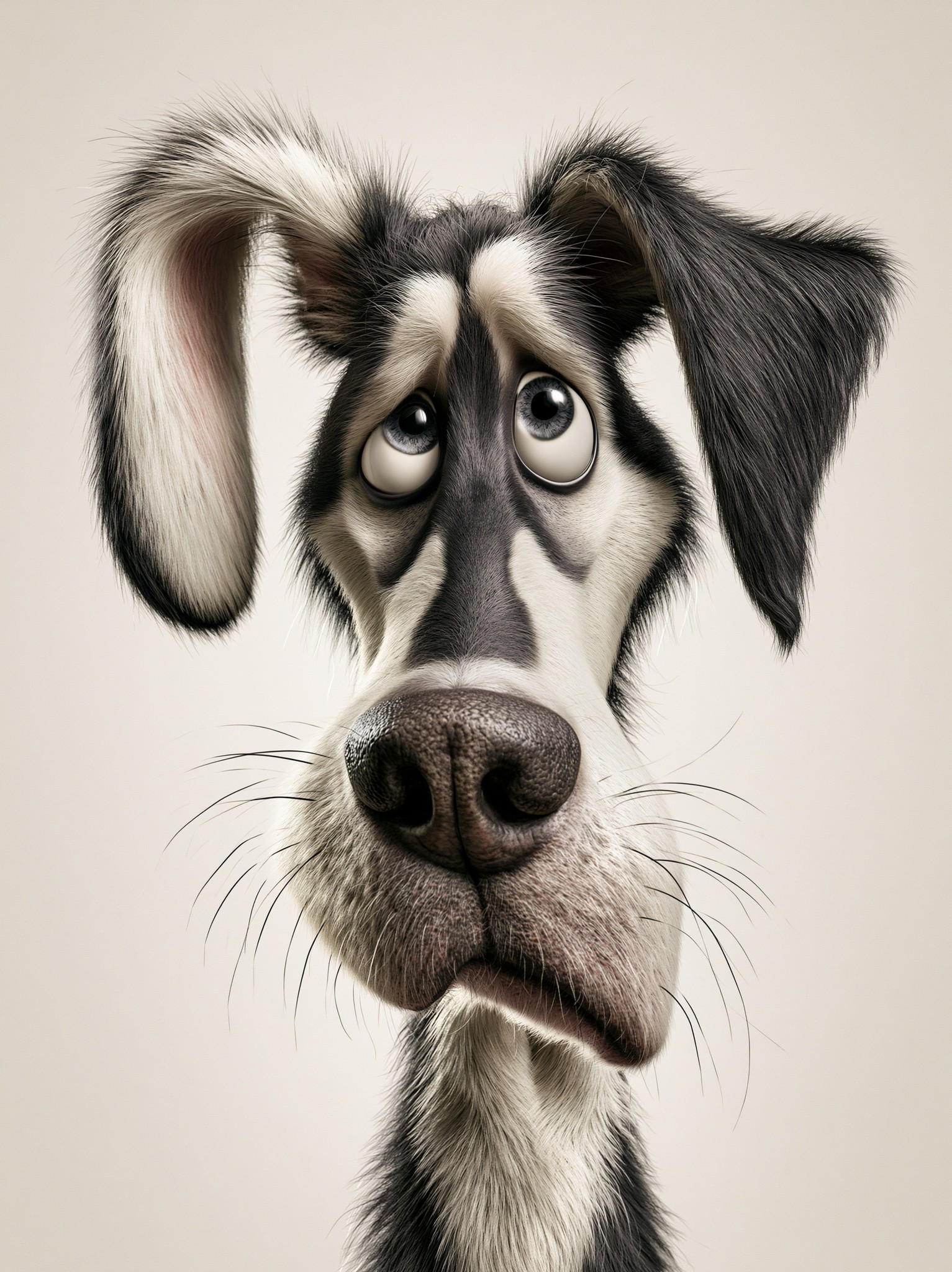 An exaggerated caricature portrait of a goofy and slightly...