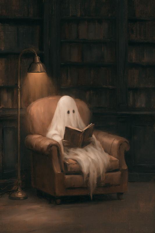 oil painting of a tiny sheet ghost sitting in...