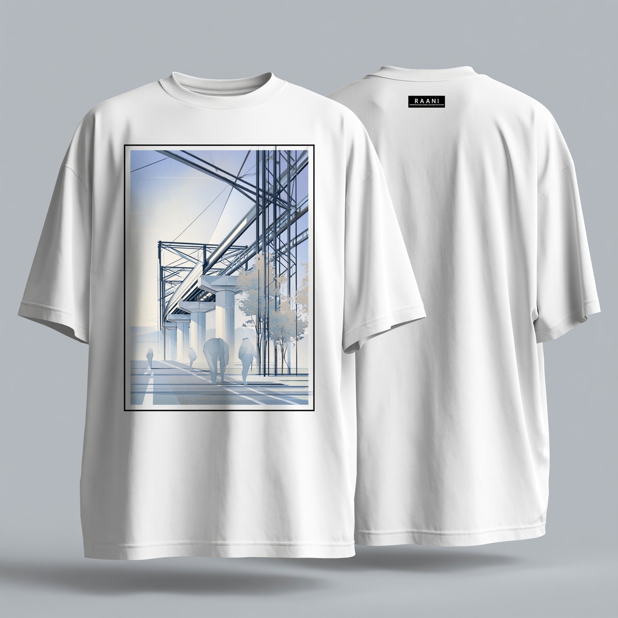 Create a premium mockup of a white oversized streetwear...