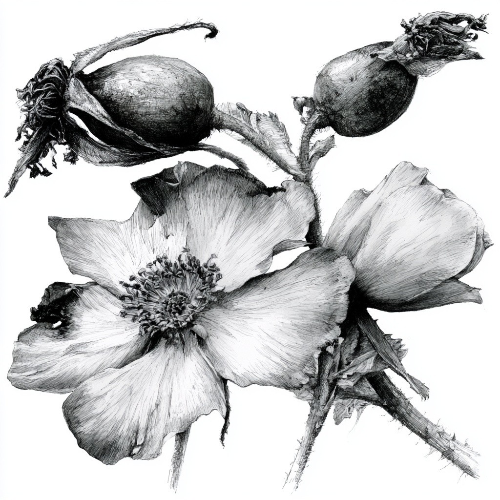 wild roses fine line illustration in black on white...