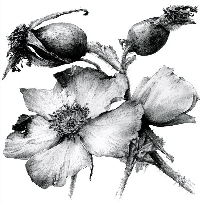 wild roses fine line illustration in black on white...