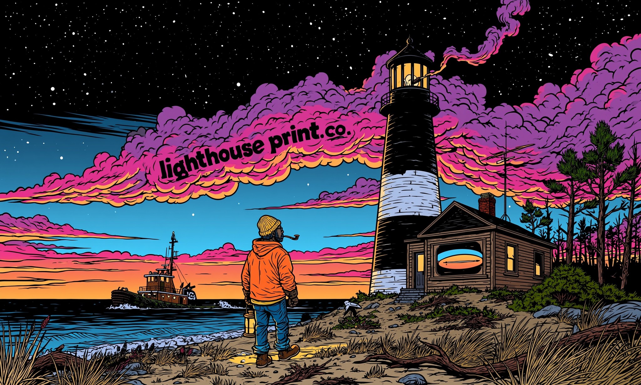 A lighthouse keeper walks through the night toward a...