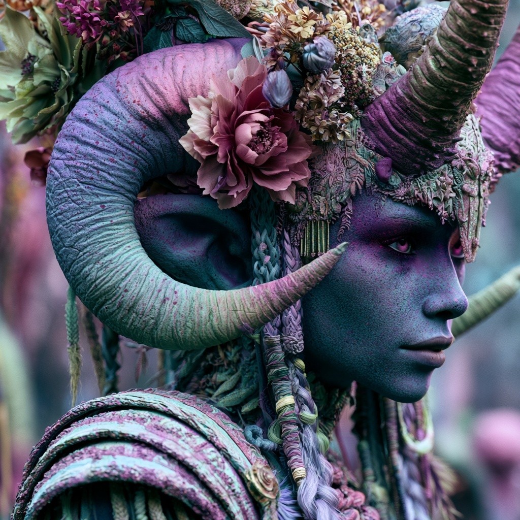 Photorealistic creepy alien animal woman with extravagant head dress...