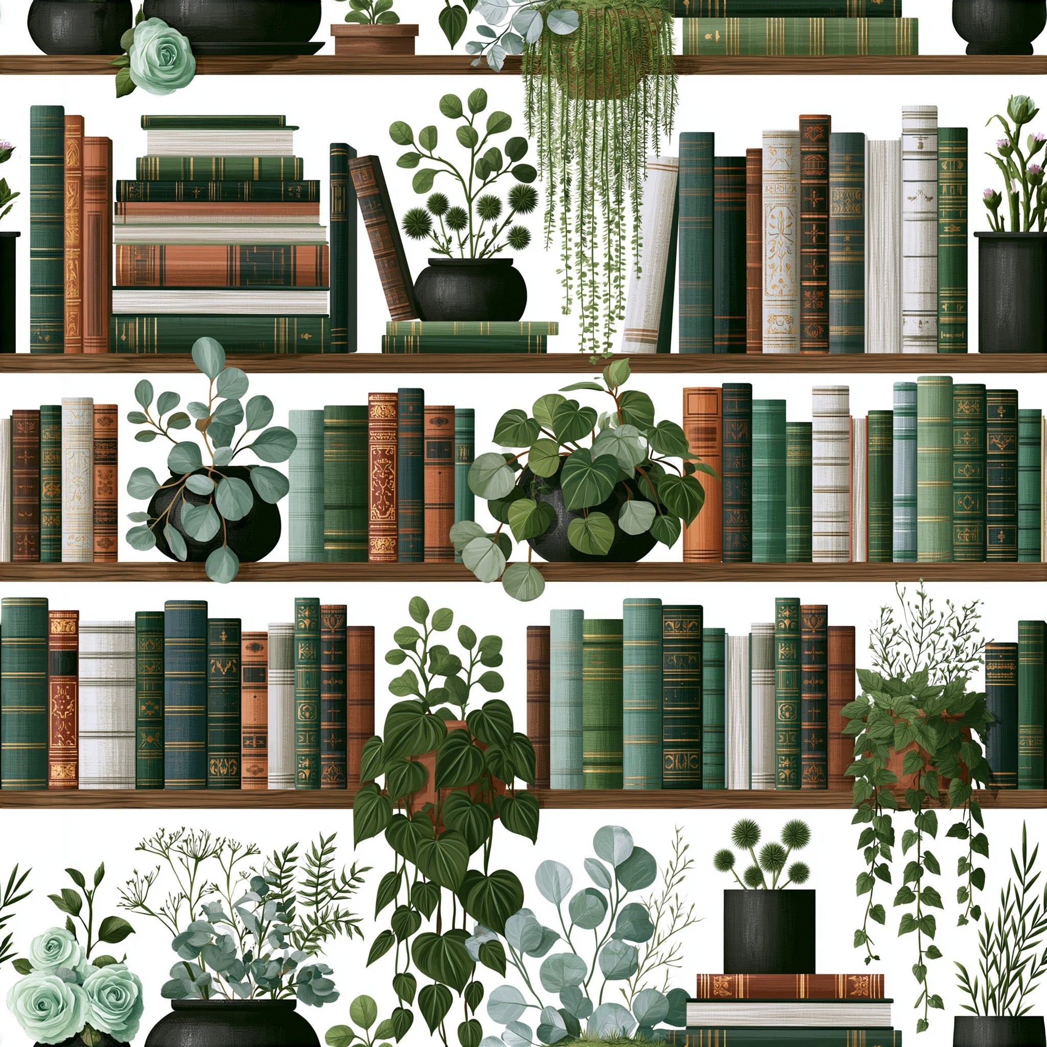 lots of detailed books on rows of wood shelves...