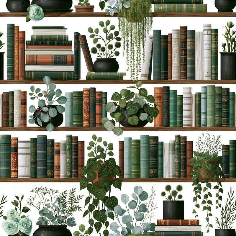 lots of detailed books on rows of wood shelves...