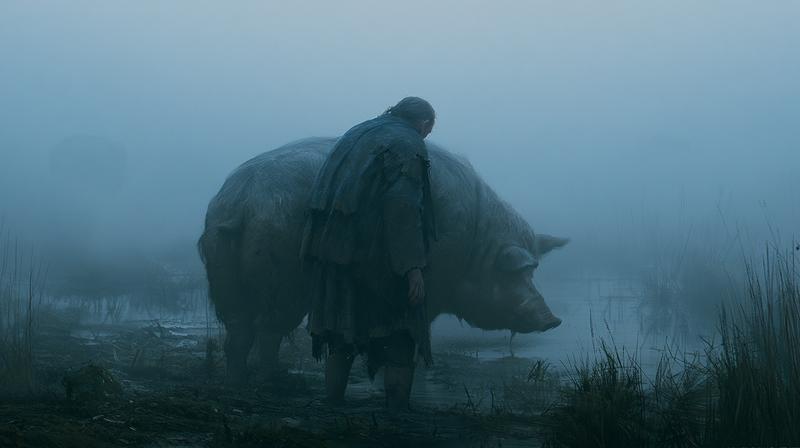 A man in a tattered ragged pig swamp his...