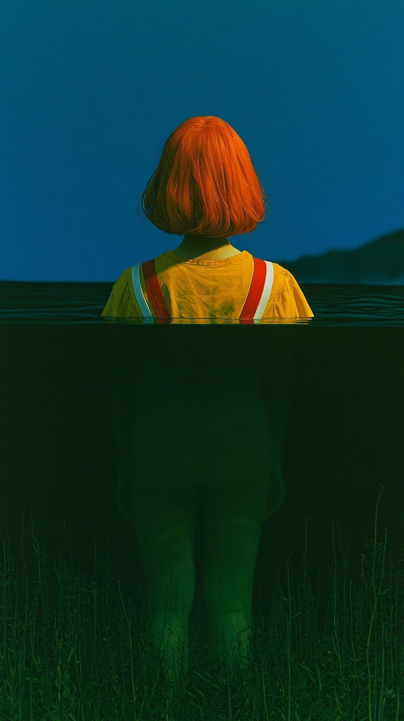 a person with vibrant orange bobbed hair is centered...