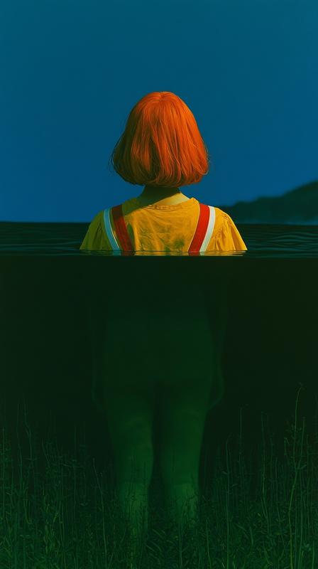 a person with vibrant orange bobbed hair is centered...