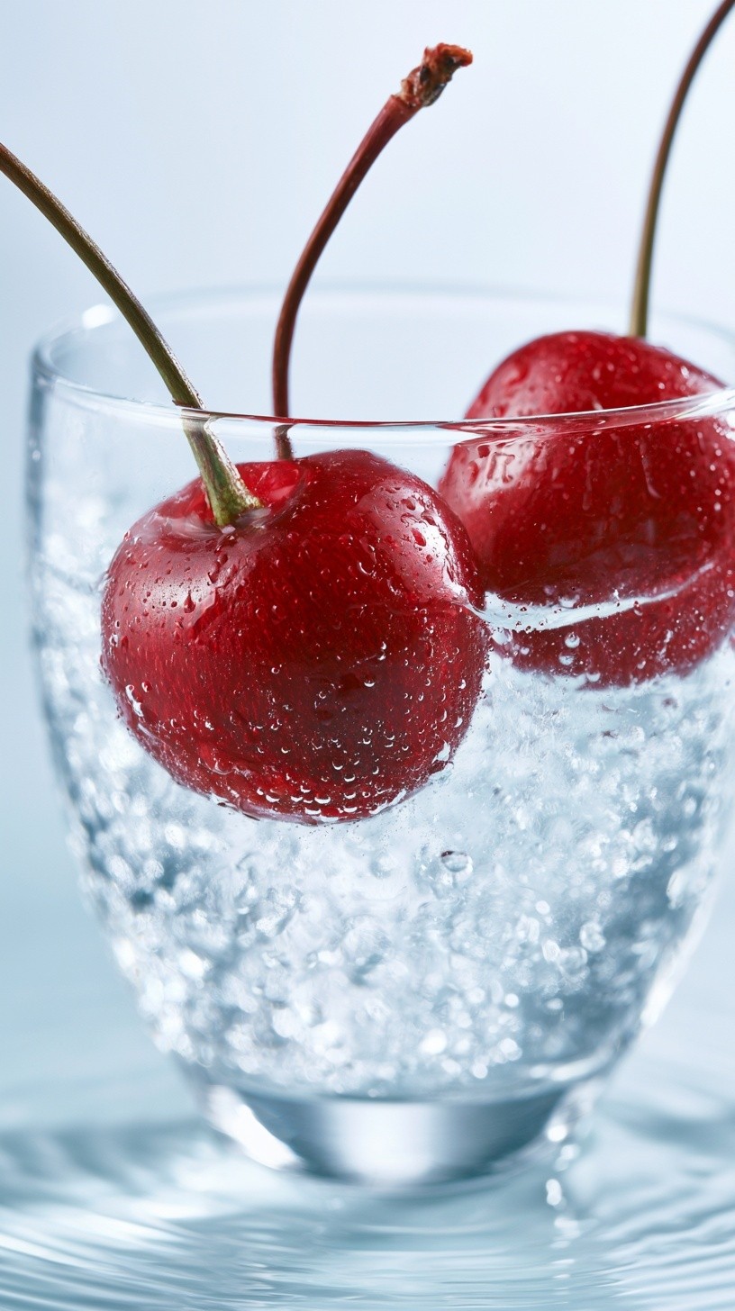 two glossy red cherries inside a clear glass cup...