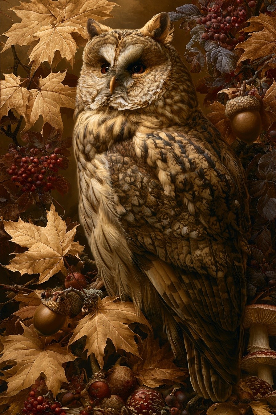 Masterpiece oil painting of a magnificent autumn owl perched...