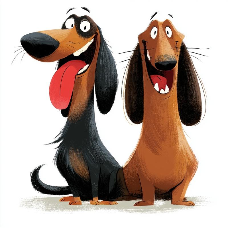White background two cartoon dachshunds standing side by side...