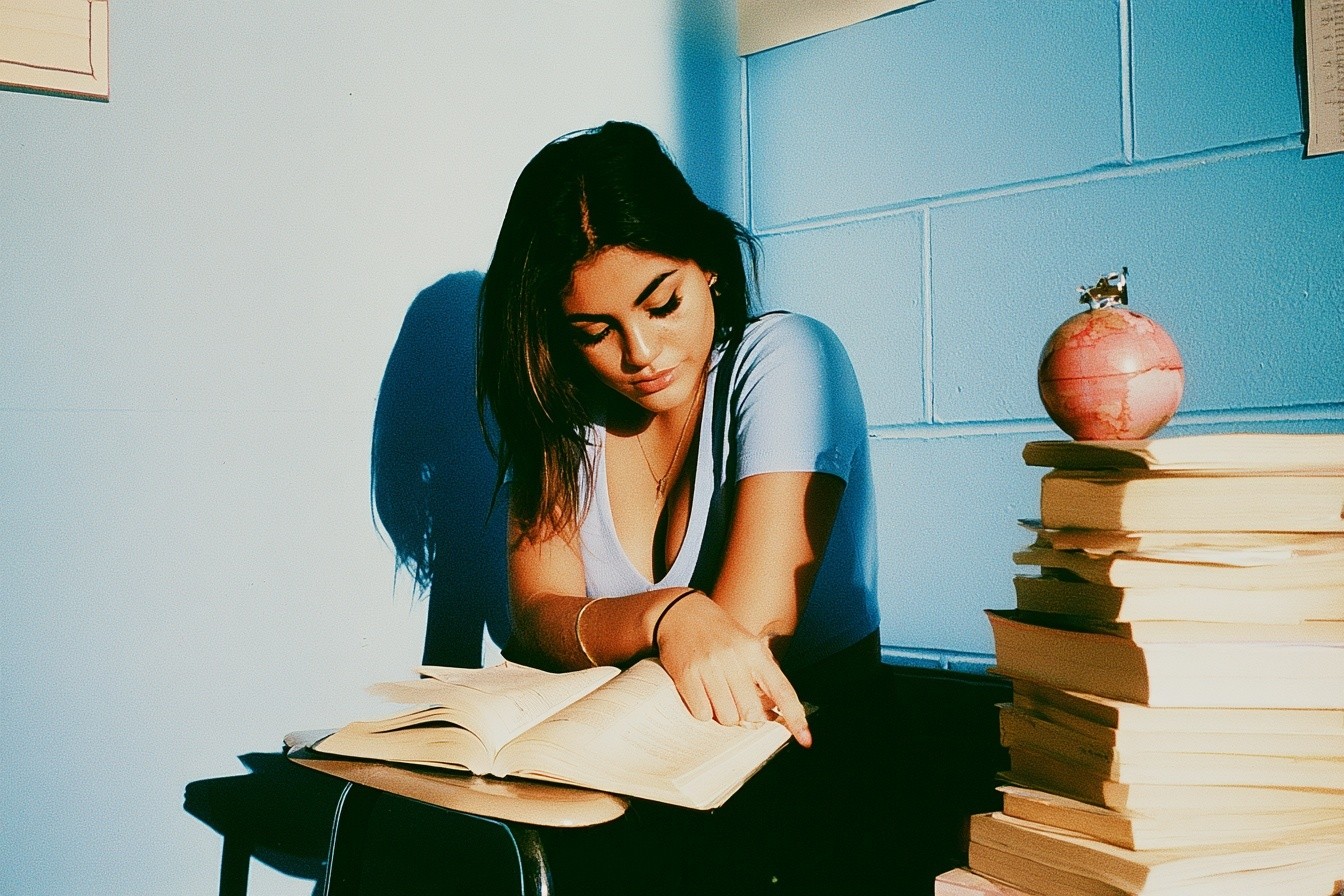 beautiful latina woman student studying exam in the classroom...
