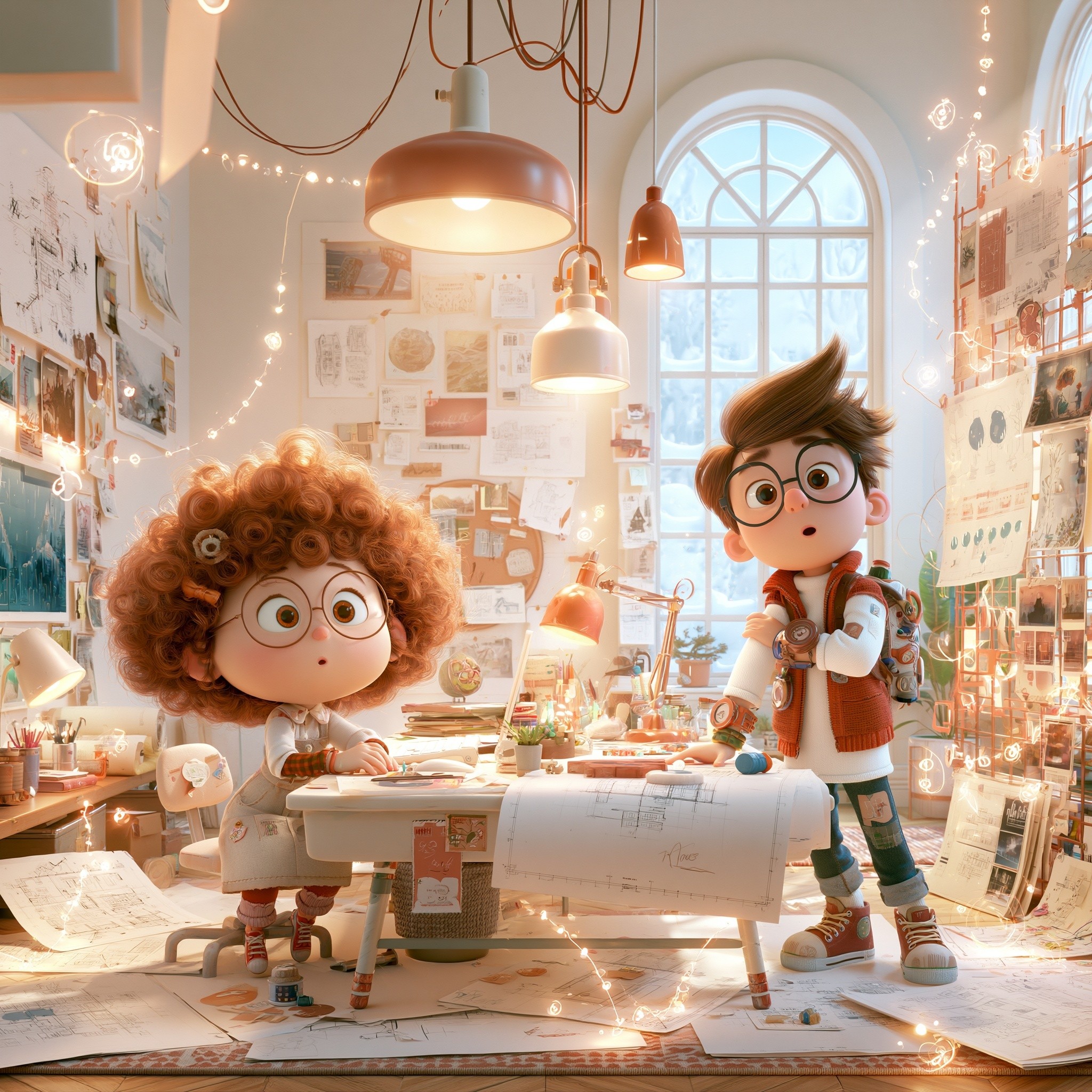create a warm luminous idea studio in Pixar style...