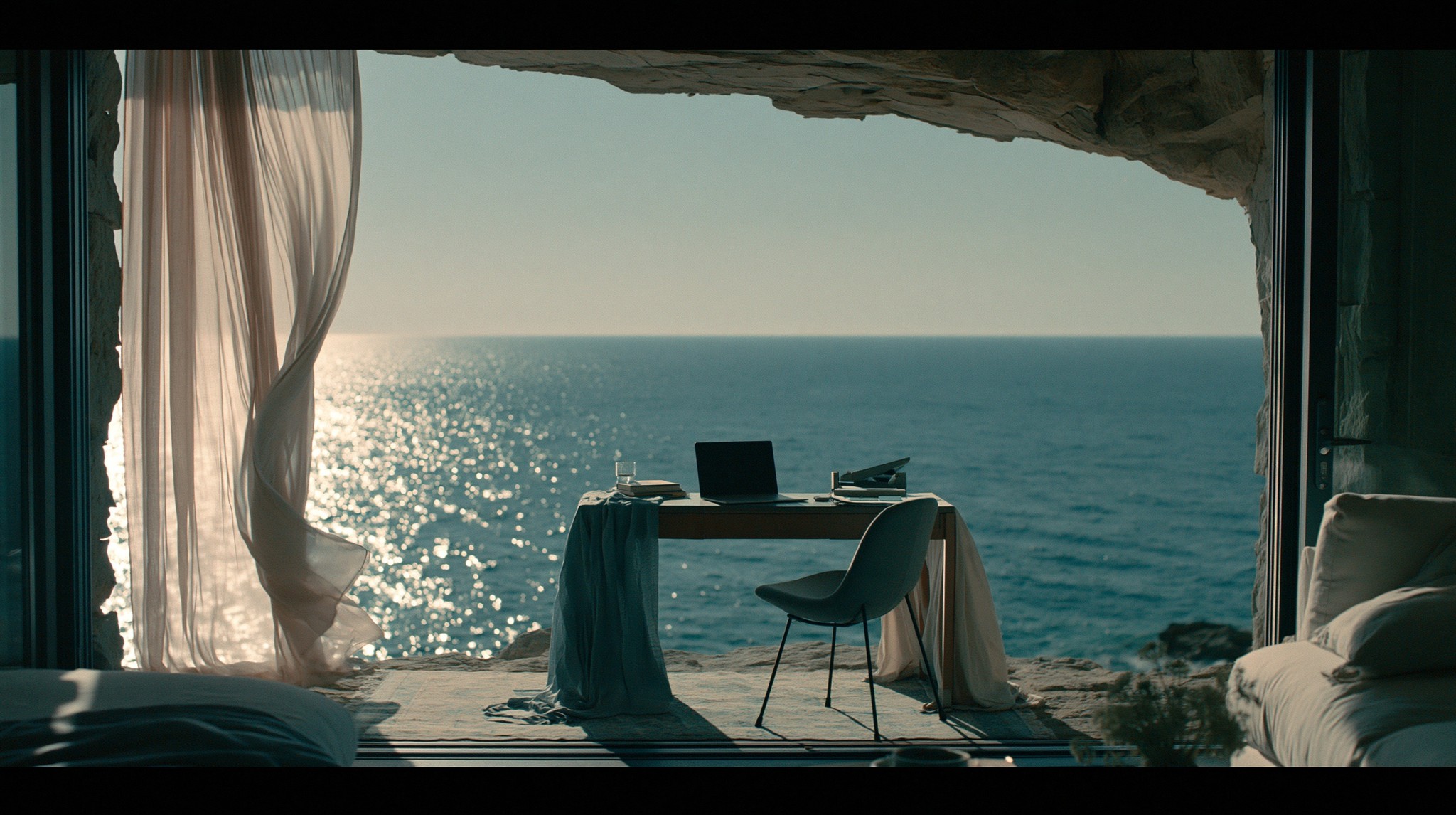 ultra wide open coastal workspace overlooking a massive blue...
