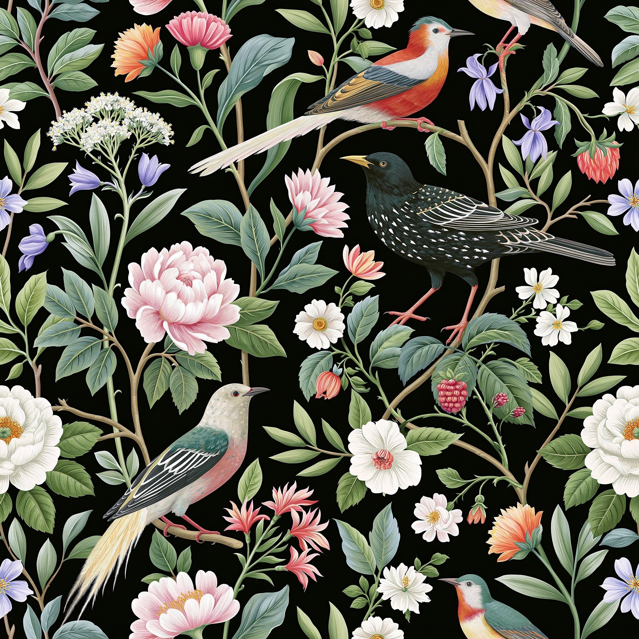 seamless repeating wallpaper pattern elegant garden birds and botanical...