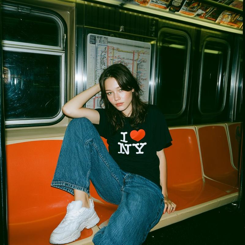 photorealistic young woman sitting casually on bright orange subway...