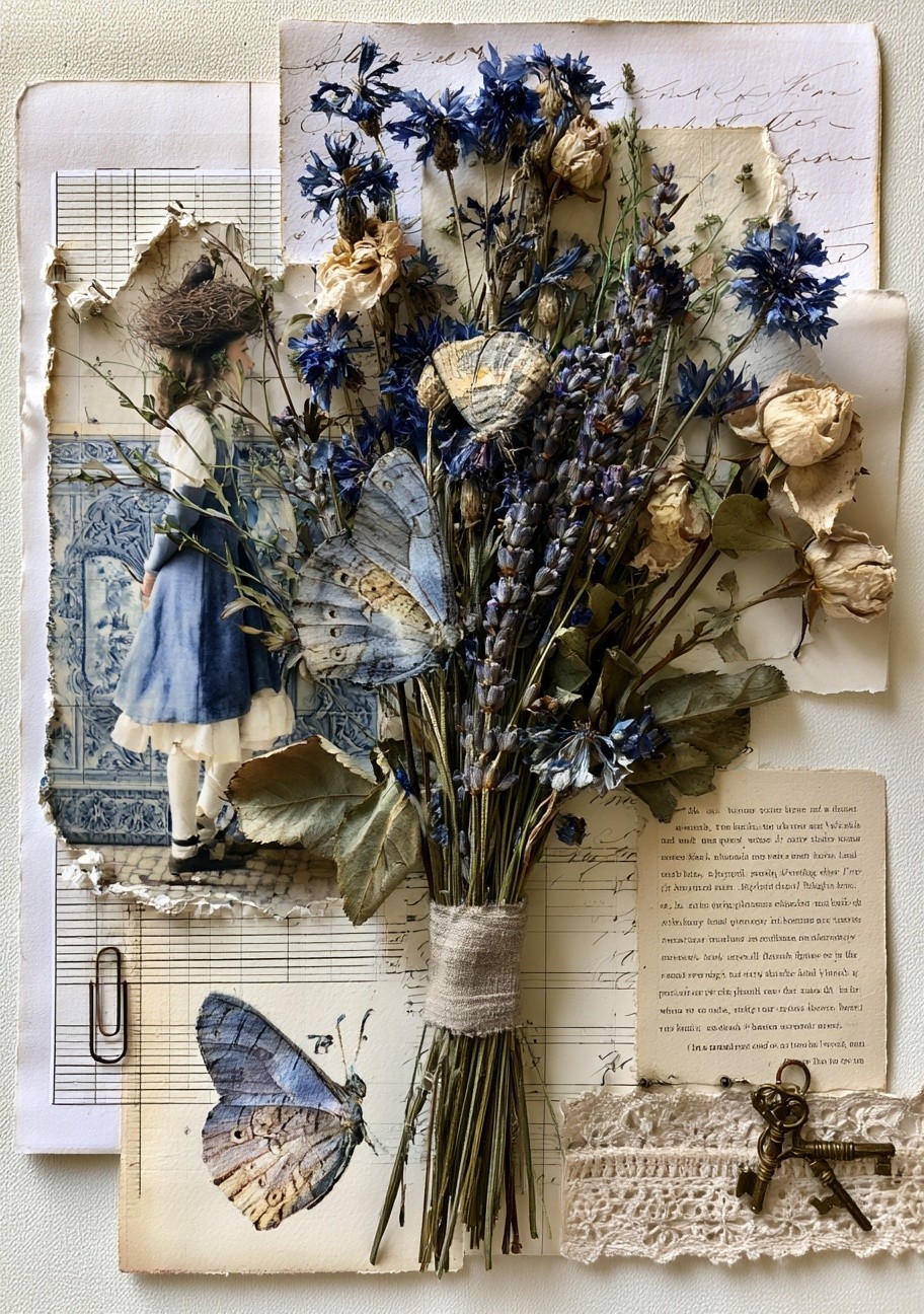 a composite artwork with a bouquet of dried flowers...