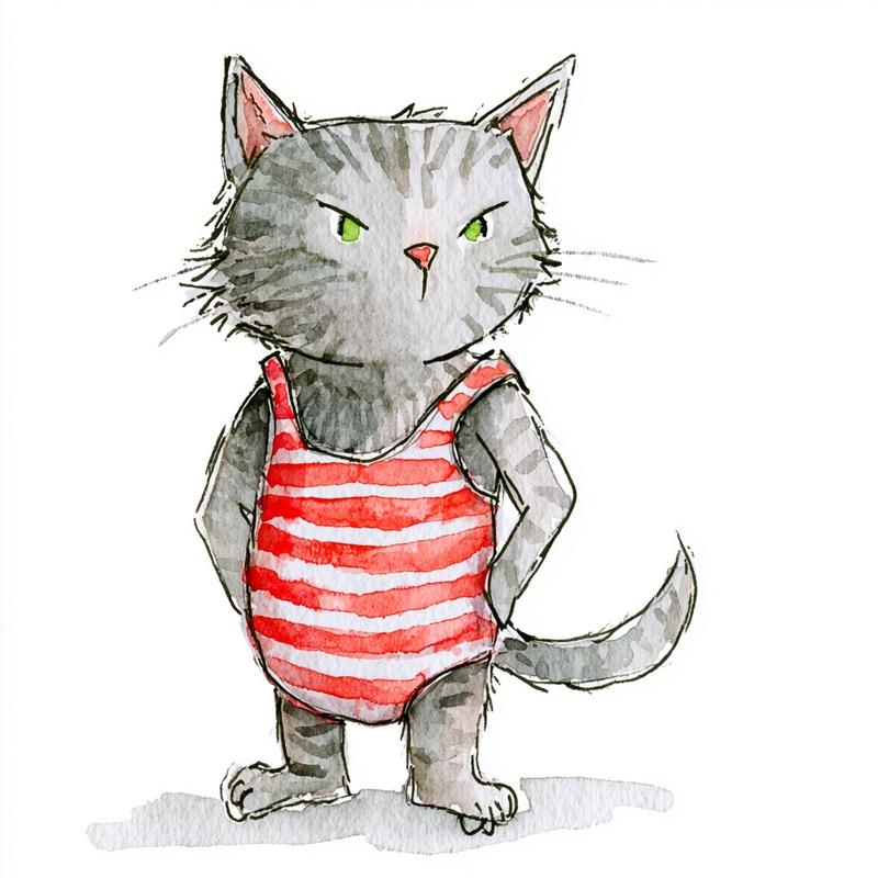 A watercolor clip-art type cat gray with darker gray...