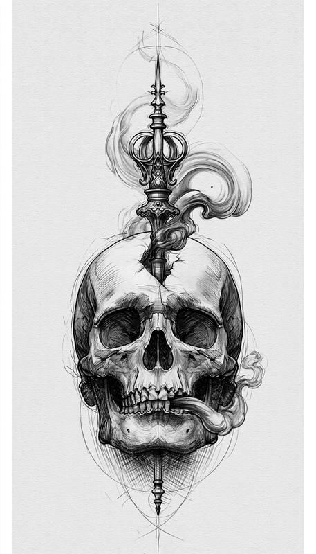human skull with a scepter breaking through the top...