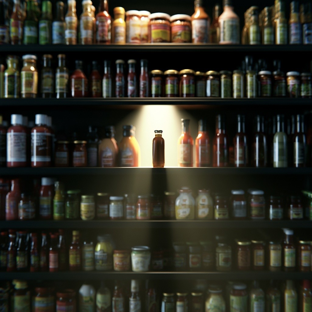 A front-facing straight-on shot of a supermarket shelf stocked...