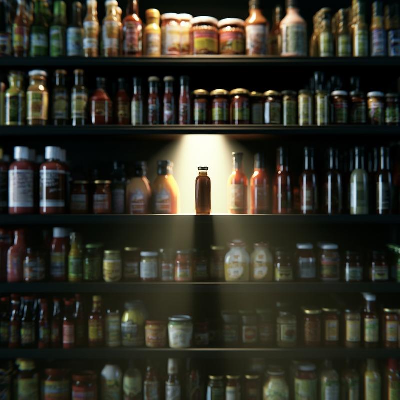 A front-facing straight-on shot of a supermarket shelf stocked...